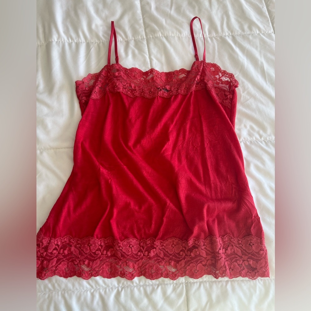 Vintage Lily White Vibrant Coral Red Lace Top